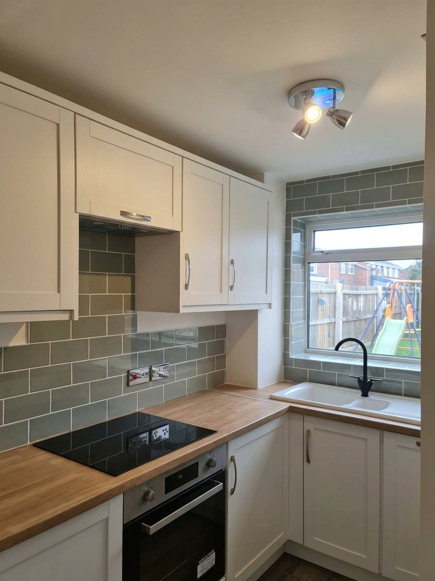 Kitchen with cream shaker cabinets, wooden worktops and sage green tiled splashbacks